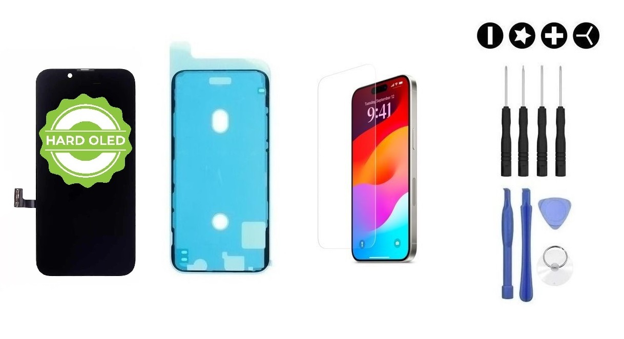 MULTIPACK - OLED displej pre iPhone 15 + lepka pod displej + ochranné sklo + sada náradia