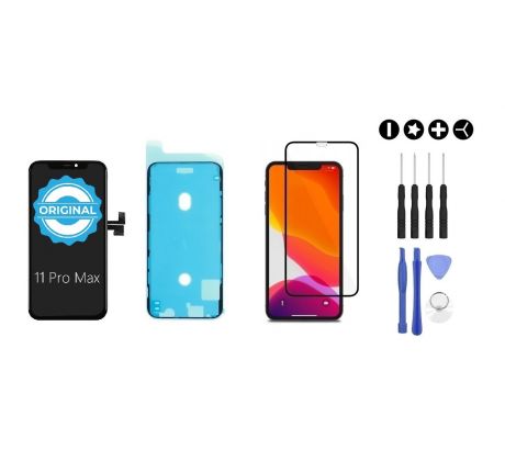 MULTIPACK - Čierny ORIGINAL OLED displej pre iPhone 11 Pro Max + lepka pod displej + 3D ochranné sklo + sada náradia