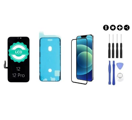 MULTIPACK - Čierny LCD displej pre iPhone 12/12 Pro + lepka pod displej + 3D ochranné sklo + sada náradia