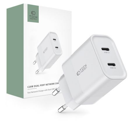 SIEŤOVÁ NABÍJAČKA NA MOBIL A TABLET TECH-PROTECT C20W 2-PORT NETWORK CHARGER PD20W WHITE