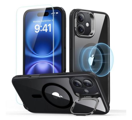 2PACK SET KRYT + OCHRANNÉ SKLO ESR CLASSIC HYBRID KICKSTAND HALOLOCK MAGSAFE & TEMPERED GLASS iPhone 16 Plus CLEAR/BLACK