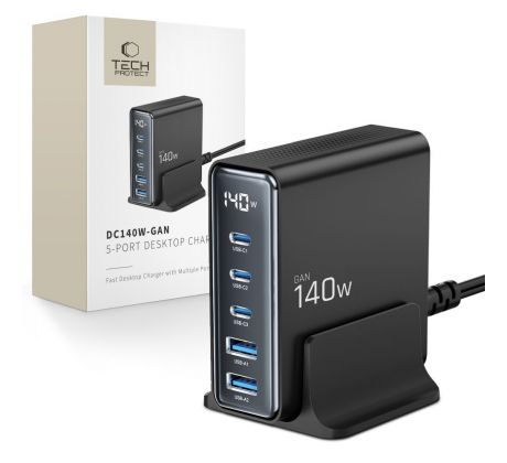 TECH-PROTECT DC140W-GAN 5-PORT DESKTOP CHARGER PD140W/QC3.0 BLACK